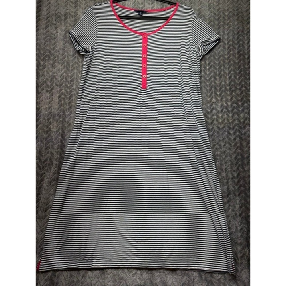 Lands End Womens XL 18 Navy White Striped Henley T-Shirt Dress Pink Trim 0778